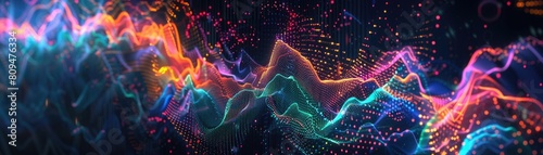 A dynamic digital artwork showing cryptocurrency charts pulsating with life, resembling sound waves on a dark background Vivid colors indicate market highs and lows