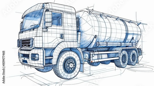 A sketch of a truck mixer is rendered in vector format, depicting both visible and invisible lines in separate layers.