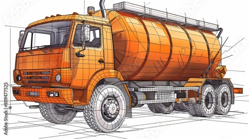 A sketch of a truck mixer is rendered in vector format, depicting both visible and invisible lines in separate layers.