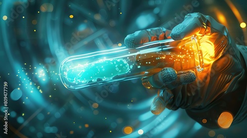 A scientist holding a vial with glowing liquid, representing a breakthrough in renewable energy