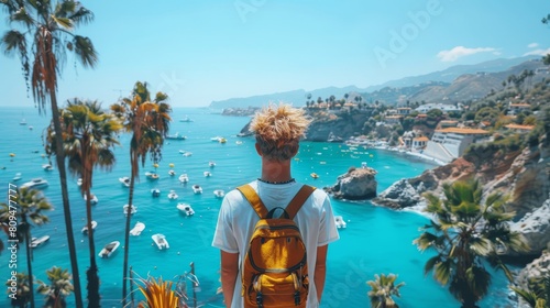 Influencer creating social media content on mediterranean shore with palm trees in the background