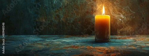 A minimalist composition with a single lit candle casting a warm glow on a textured background.