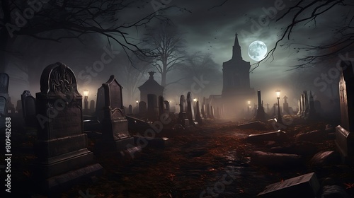Image of a Fog-Shrouded Haunted Graveyard: Eerie Atmosphere Amidst Tombstones