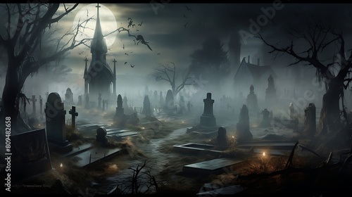 Image of a Fog-Shrouded Haunted Graveyard: Eerie Atmosphere Amidst Tombstones