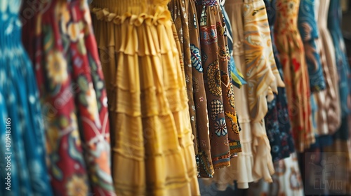A line of bohemian maxi skirts hanging on a rack, each with unique patterns and textures