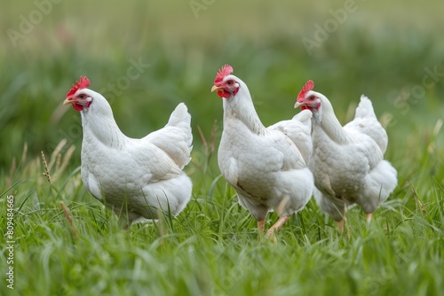 Bresse Chicken Enjoying a Sunny Day on the Meadow - White Fowl Pecking on Grass with Three