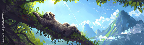 A sloth is hanging on a tree branch in the rainforest sleepy arboreal wildlife cute relaxation slothfulness slow adorable 