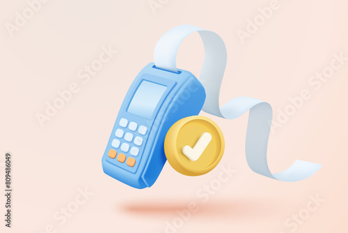 3D bill payment with credit card and financial for online shopping, payment credit card with alert notification. Invoice transaction with credit card reader. 3d receipt vector icon render illustration