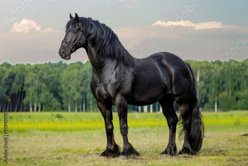 Beautiful Black Percheron Gelding on Summer Pasture. Heavy Draft Horse with Majestic Presence in