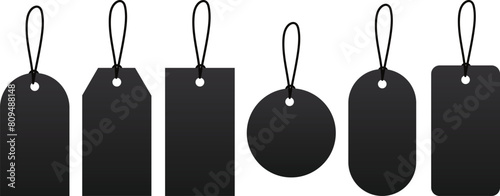 Blank black paper price tags or gift tags of various shapes. Discount tags icon shapes of various shapes with rope for store