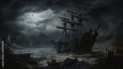 Image of a spectral shipwreck on a desolate shore, where the eerie remnants of a once majestic vessel are shrouded in mist and mystery.
