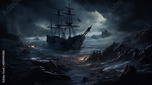 Image of a spectral shipwreck on a desolate shore, where the eerie remnants of a once majestic vessel are shrouded in mist and mystery.