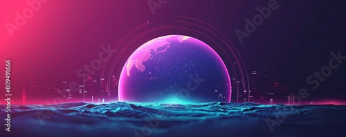 A beautiful landscape of unknown planet. The moon is full and there is a body of water in the foreground. The sky is a gradient of purple and pink.