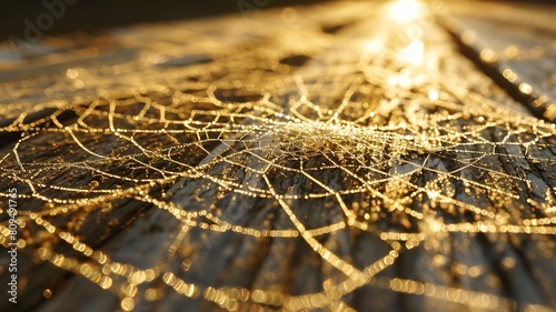 Photo displaying the delicate intricacy of a spider web, glistening with dewdrops in the soft morning light.
