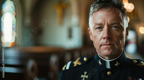 The picture of the military officer standing inside the church and working as the priest with blur background, the priest require Counseling skill, Communication skill, Theological Knowledge. AIG43.