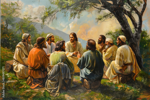 Jesus talking to his disciples under a tree in a serene outdoor setting.