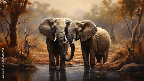 Scene of a Pair of Affectionate Elephants Grazing Beneath the Golden Sunset