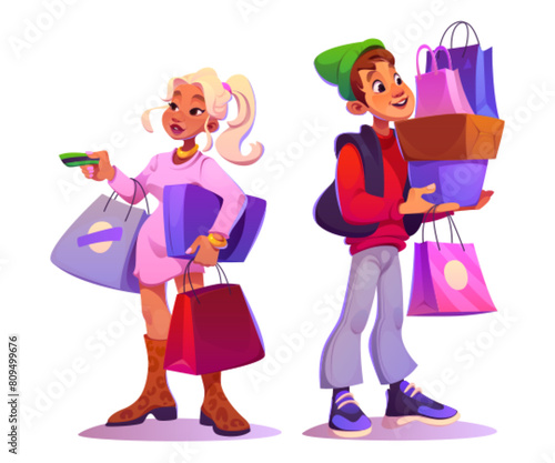 Male and female mall buyer characters with shopping bags and boxes. Cartoon vector illustration set of man and woman purchase products and gifts in shop. Market customer holding paper packages.