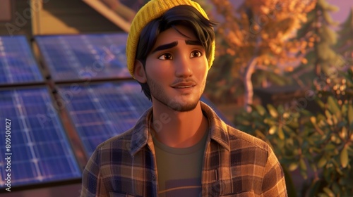 CGI character, Hispanic Male with Yellow Beanie and Plaid Shirt Outdoors 