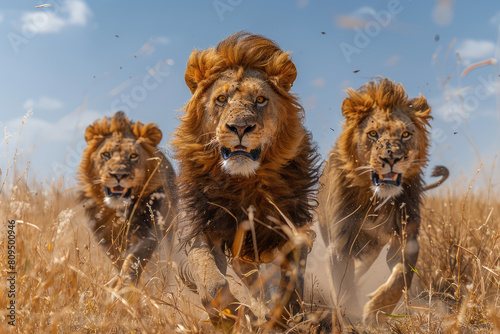 Three majestic lions running towards the camera, in the style of professional wildlife photography. Created with Ai