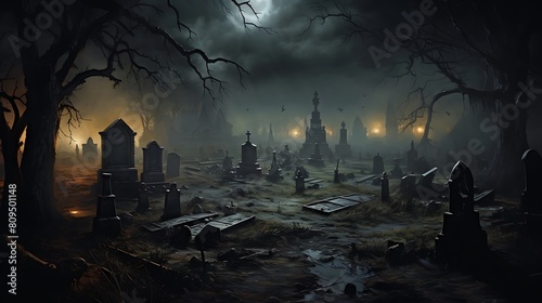 Scene of an Eerie Fog-Covered Cemetery Shrouded in Mystique