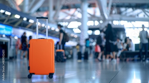 an orange suitcase in an airport, with a blurred background of bustling travelers