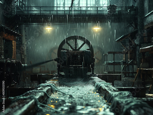 Textile mill, spinning wheel, revolutionary transformation, workers laboring, rain, 3D render, backlight, chromatic aberration