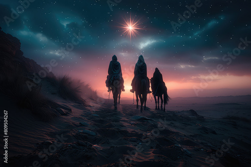 The Three Magi riding on their horses, walking in the desert at night towards an ancient star shining high above them. Created with Ai