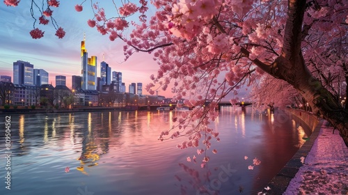 Cherry tree in bloom on banks of River Main with skyline of business district in the background at dusk, Frankfurt am Main, Hesse, Germany Europe hyper realistic 