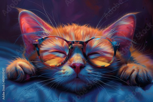 Cute sleeping kitten with glasses on the theme of International Cat Day