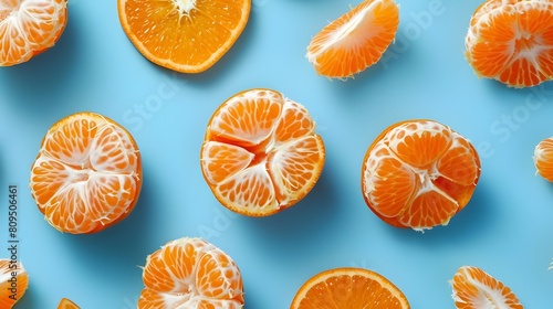 Vibrant Tangerine Slices and Whole Citrus Fruit Arranged in Captivating Pattern on Bright Background,Ideal for Magazine Cover or Editorial Use