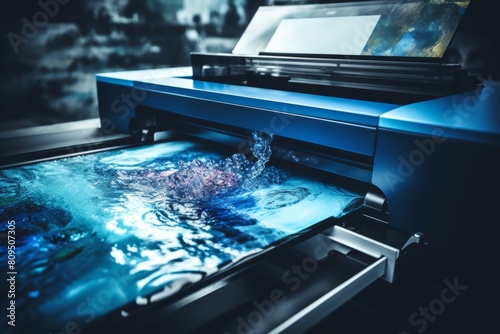 Close-up of paper getting ejected from printer, cool tone color, technology concept for office work