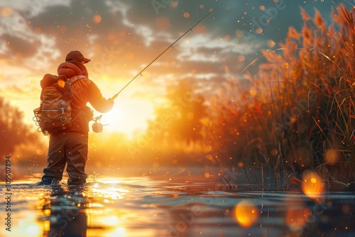 An angler stands in a river, casting his fishing line under the warm golden glow of sunrise, surrounded by tall grasses.