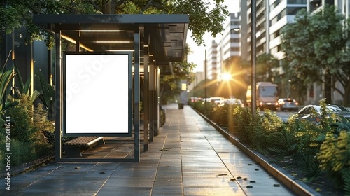 Positioned on a lively city street, a modern bus stop features an empty billboard mockup ready to broadcast your brand.AI Generate