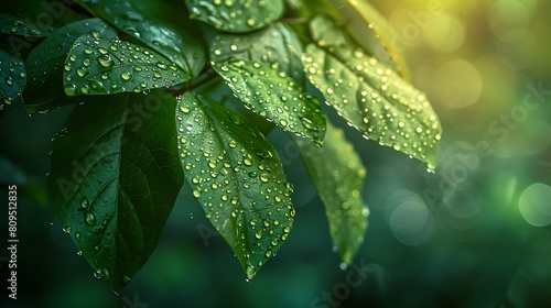 A minimalist composition focusing on the simplicity and beauty of dew-splattered leaves at dawn, emphasizing the purity and freshness of the morning with a soft green and dewy texture.