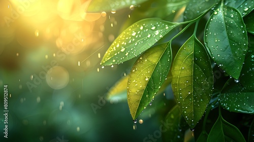A minimalist composition focusing on the simplicity and beauty of dew-splattered leaves at dawn, emphasizing the purity and freshness of the morning with a soft green and dewy texture.