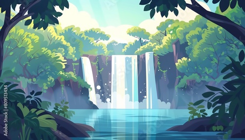 2D Flat illustation Landscape Concept of a Breathtaking Waterfall Scene, with Copy Space for Natural Wonders, Shot by a Professional Camera