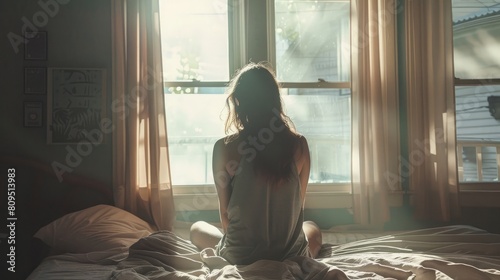 silhouette of woman sitting on the bed beside the windows with sunlight in the morning, dark light photography