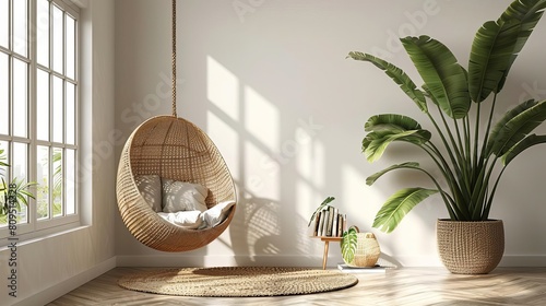 Relaxing minimalist sunroom with a hanging rattan chair, a small bookshelf, and large plants in simple pots