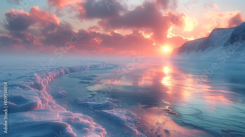 A photorealistic depiction of a frozen landscape at dawn, the ice glistening with a soft mint green glow as the first light touches the frosty surface.