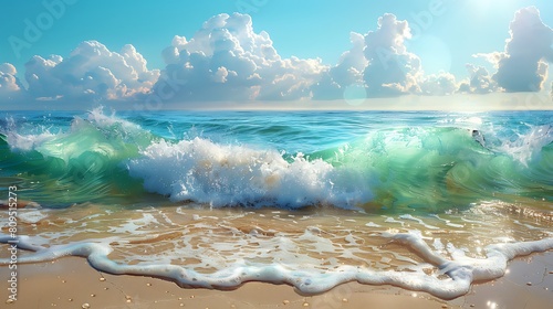 A photorealistic depiction of crystal-clear waves rolling onto a beach, the water's aqua and mint green colors sparkling in the sunlight, highlighting the purity and freshness of the sea.