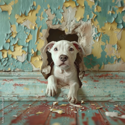 A white puppy with floppy ears and blue eyes peeks out of a hole in a wall covered in cracked paint.