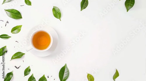 White cup of tea on white background with green tea leaves scattered around. Cup of Tea and Coffee with Mint on Saucer Cup of tea and tea leaves border isolated on white background banner panorama, 