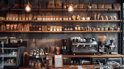 A bustling coffee shop with an array of coffee blends displayed on shelves, offering a diverse selection to customers. Generative AI