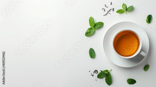 White background with a cup of tea and some mint leaves scattered around it.