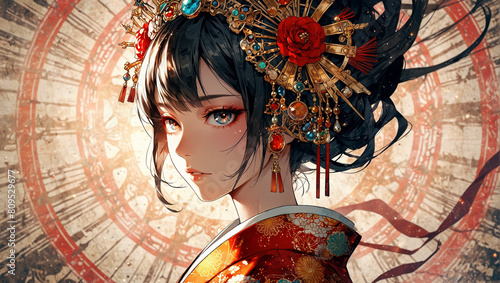 a beautiful manga style beautiful Japanese goddess wearing kimono.