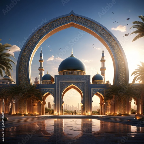3d rendered photo of Eid al fitr poster template with mosque