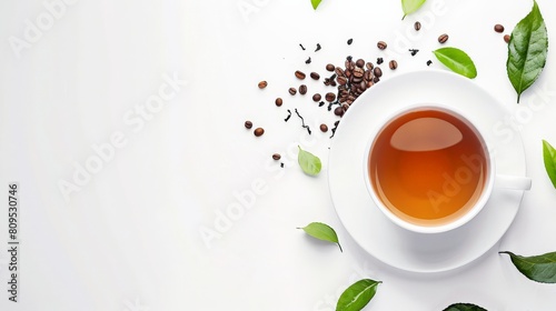 White background with a cup of tea, coffee beans and tea leaves