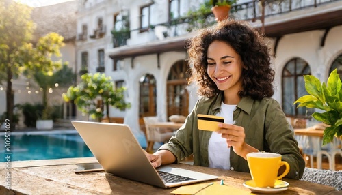 Happy young woman holding credit card and using laptop making payment online.
