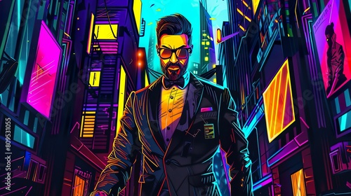 A stylish spy, in a sleek tuxedo, on a covert mission beneath twinkling city lights Realistic, with Rembrandt lighting and a subtle lens flare effect, Wide-angle view